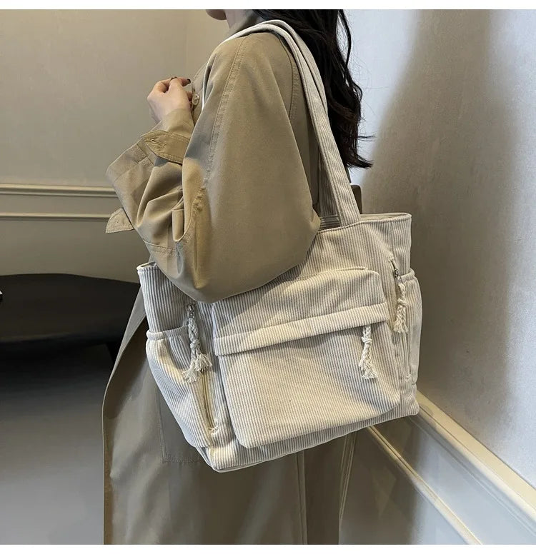 Classic Corduroy Tote Bag with Multiple Pockets