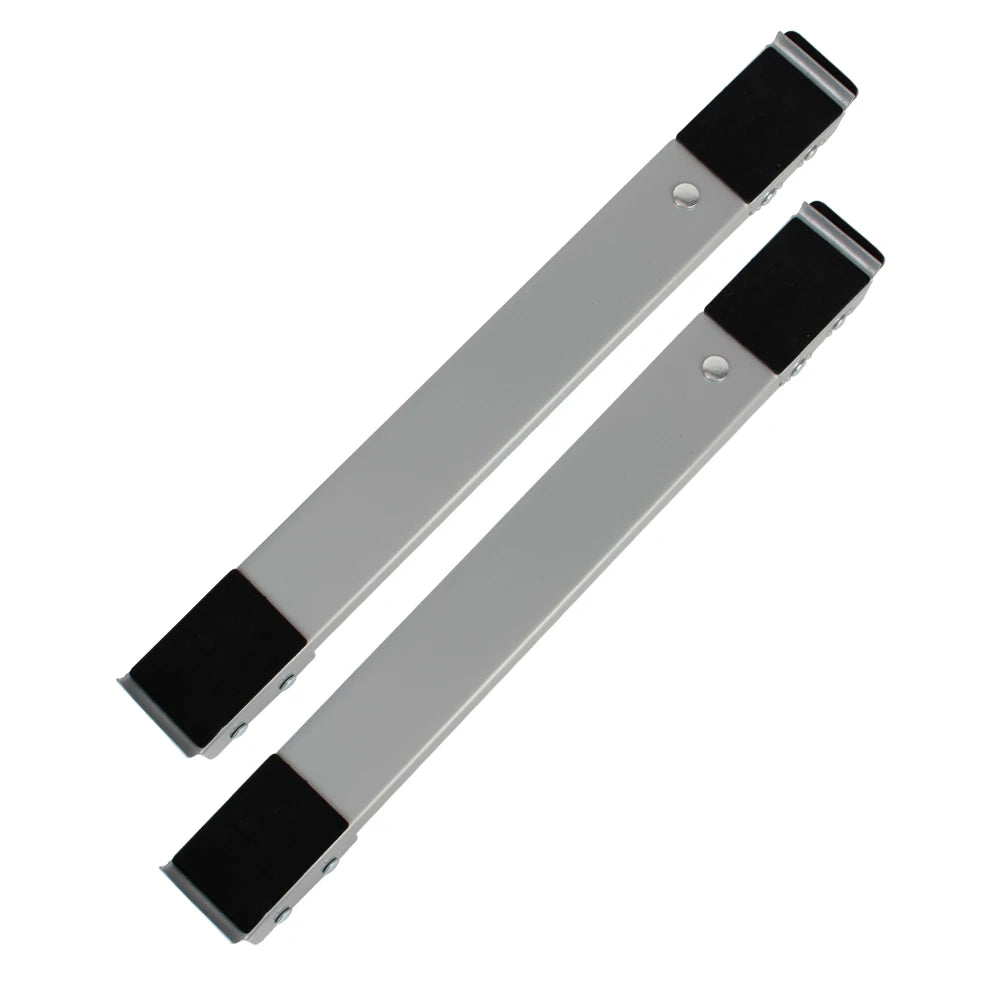 A silver adjustable appliance roller stand with black brake pads shown from above.