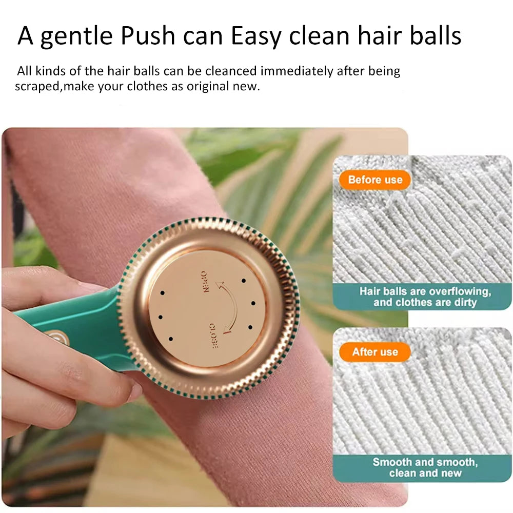 A hand holds a small electric fabric shaver cleaning hair balls from a piece of pink fabric.