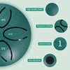 A teal steel tongue drum with numbered tuning holes and surrounding circles highlighting features like high quality steel, pr
