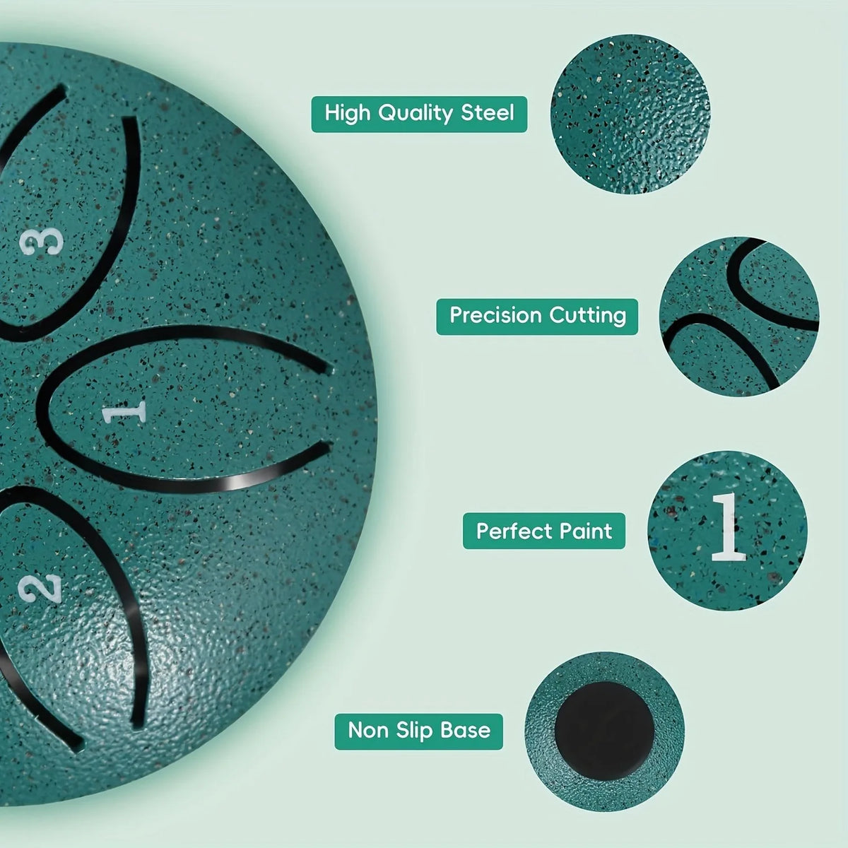 A teal steel tongue drum with numbered tuning holes and surrounding circles highlighting features like high quality steel, pr