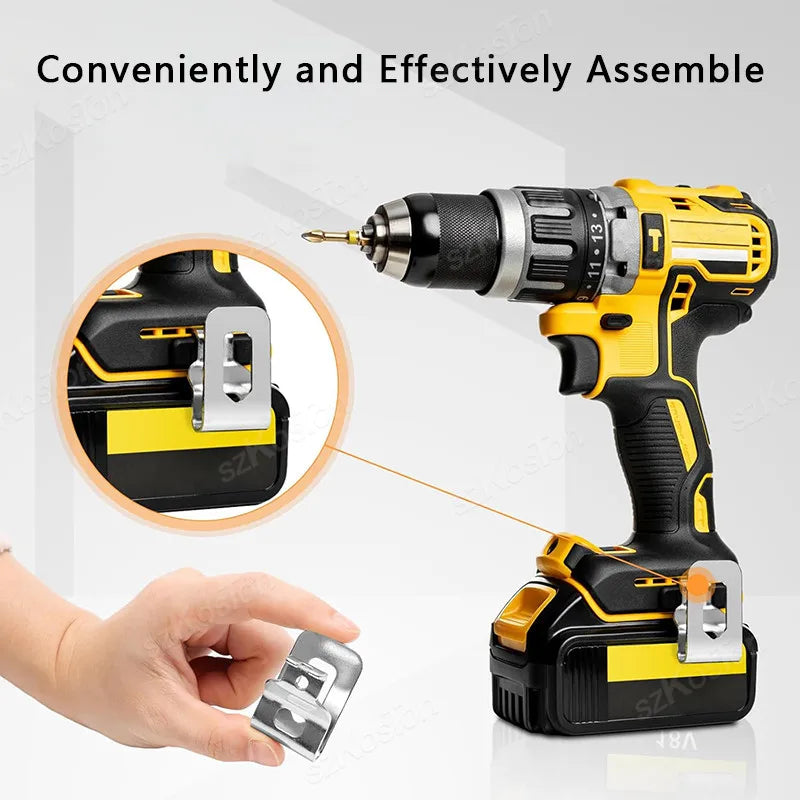 A yellow and black cordless drill is shown assembling a stainless steel belt clip hook for Dewalt 20V MAX drills.