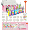 A set of 30 plastic water elf molds and painting tools in various colors and a storage container.