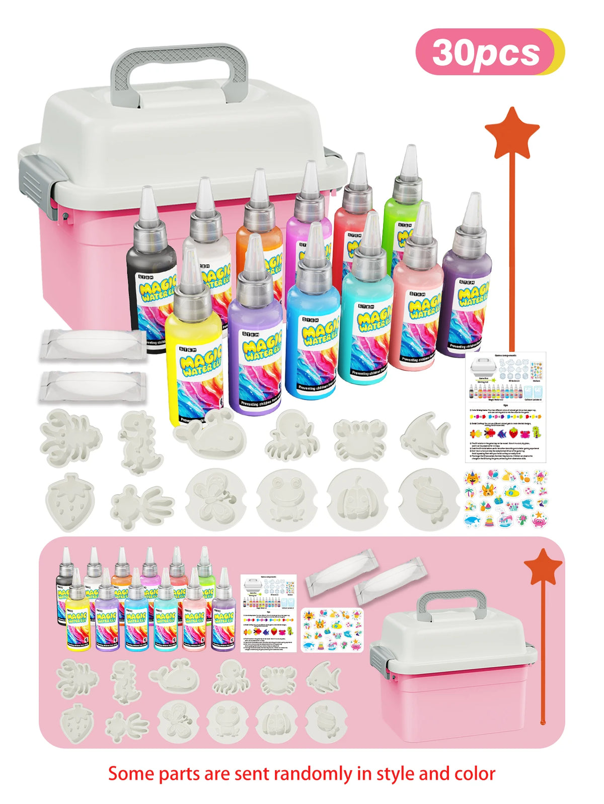 A set of 30 plastic water elf molds and painting tools in various colors and a storage container.