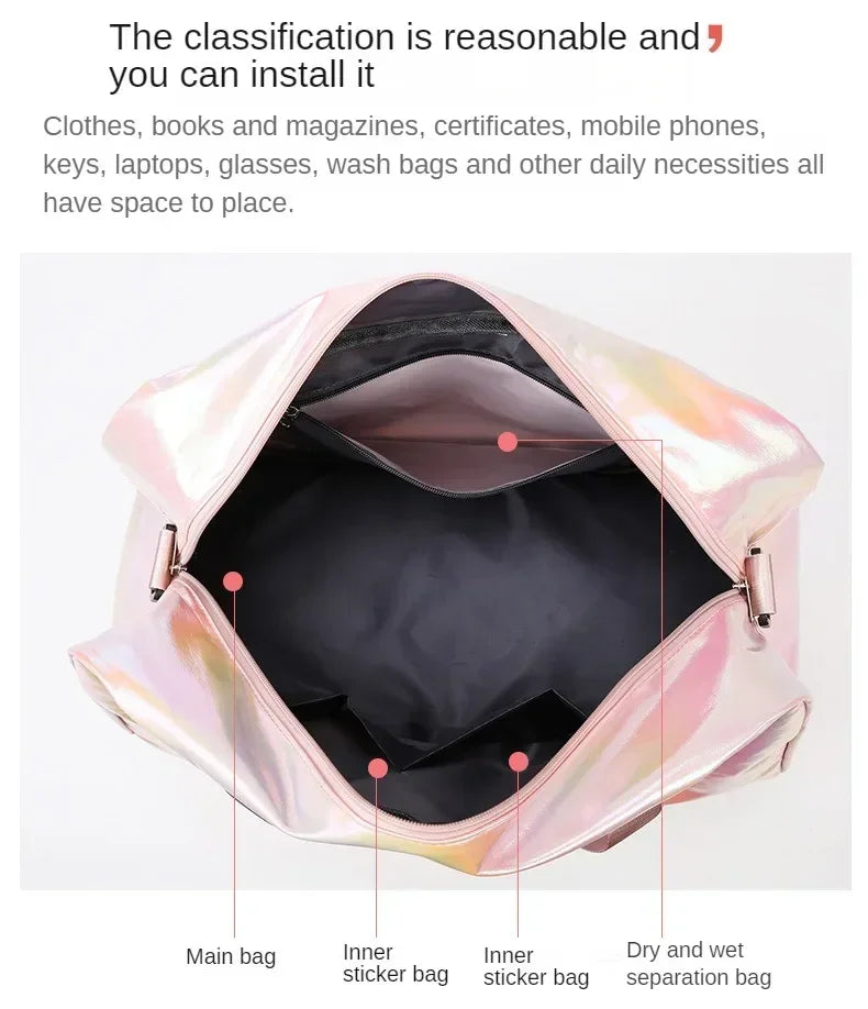 Pink travel duffel bag showing interior compartments for organizing various daily necessities.
