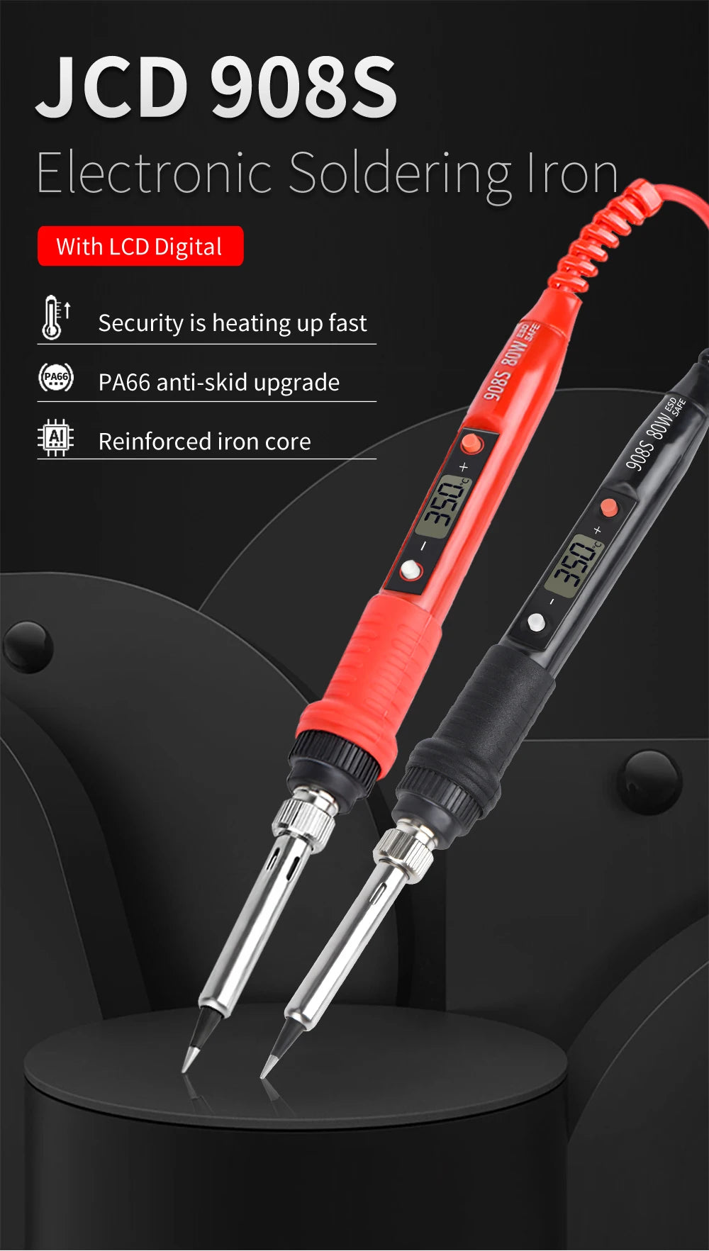 A close-up view of a red electronic soldering iron with a silver tip resting on a black surface.