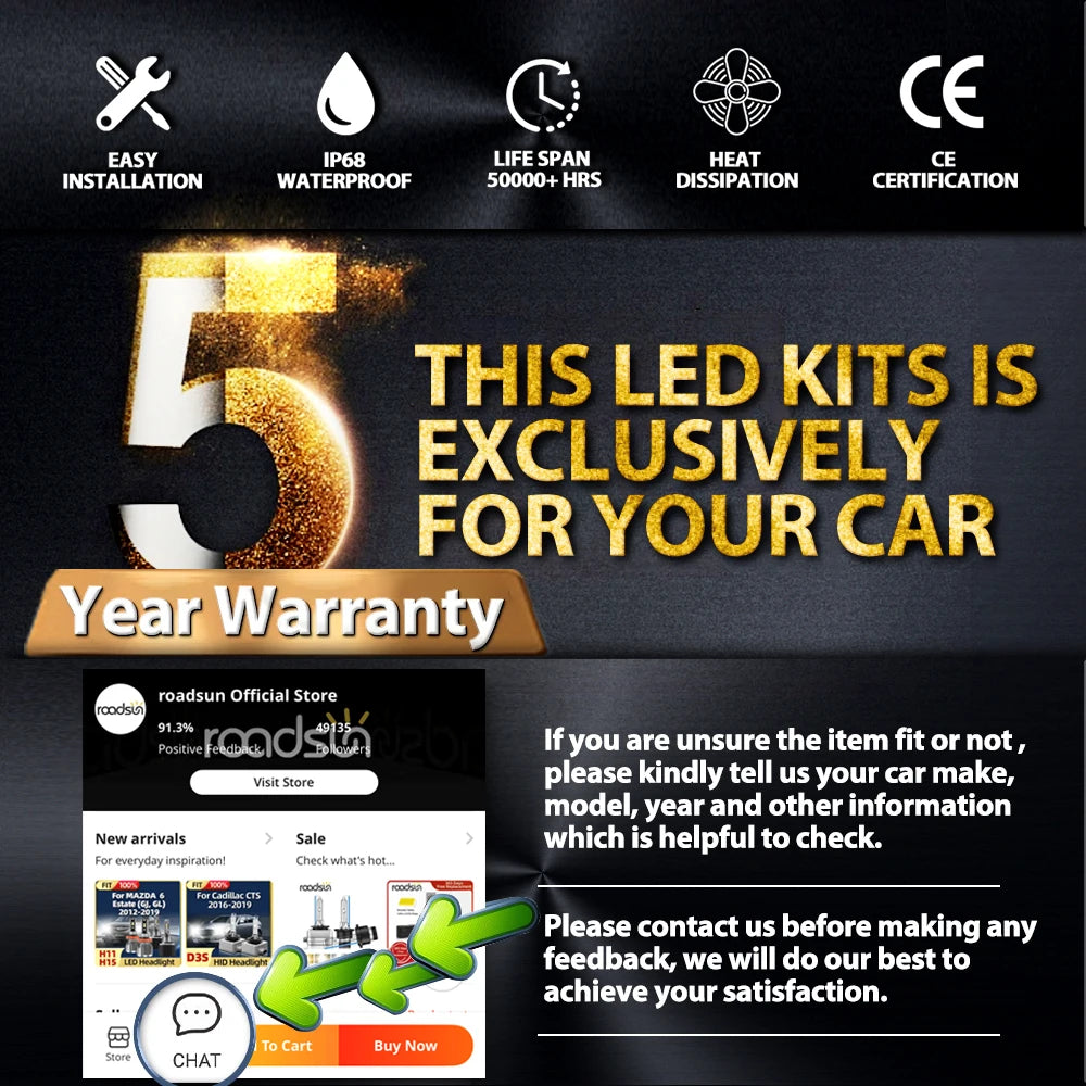 A product image showing LED headlight bulbs for a car, highlighting features like waterproof and heat dissipation.