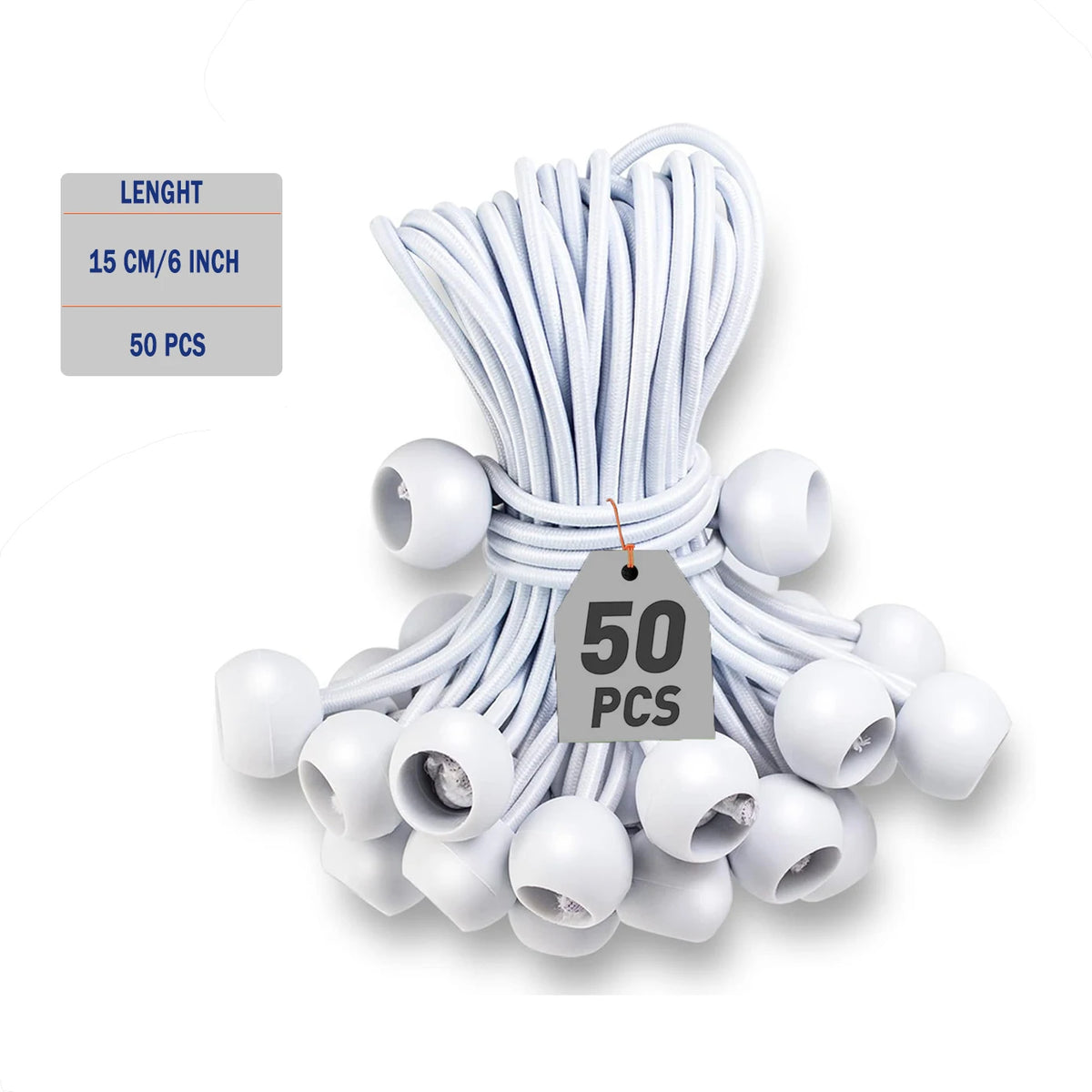 A bundle of 50 white ball bungee cords, 15 cm or 6 inch long, for camping and tarps.