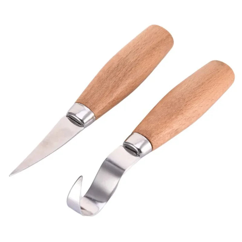 A wood carving knife with an ergonomic wooden handle and a silver blade.