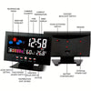A digital weather station clock displaying temperature, humidity, time, and weather forecast information.