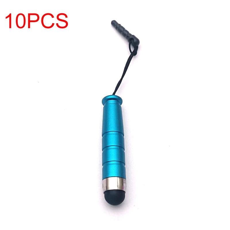 Ten fine point stylus pens with black tips and blue bodies are shown against a white background.