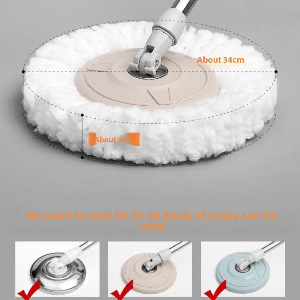 A close-up view of a microfiber spin mop replacement head with a white fluffy cleaning surface and a beige base.