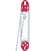 Red heavy-duty double pulley block and tackle system with a white rope.