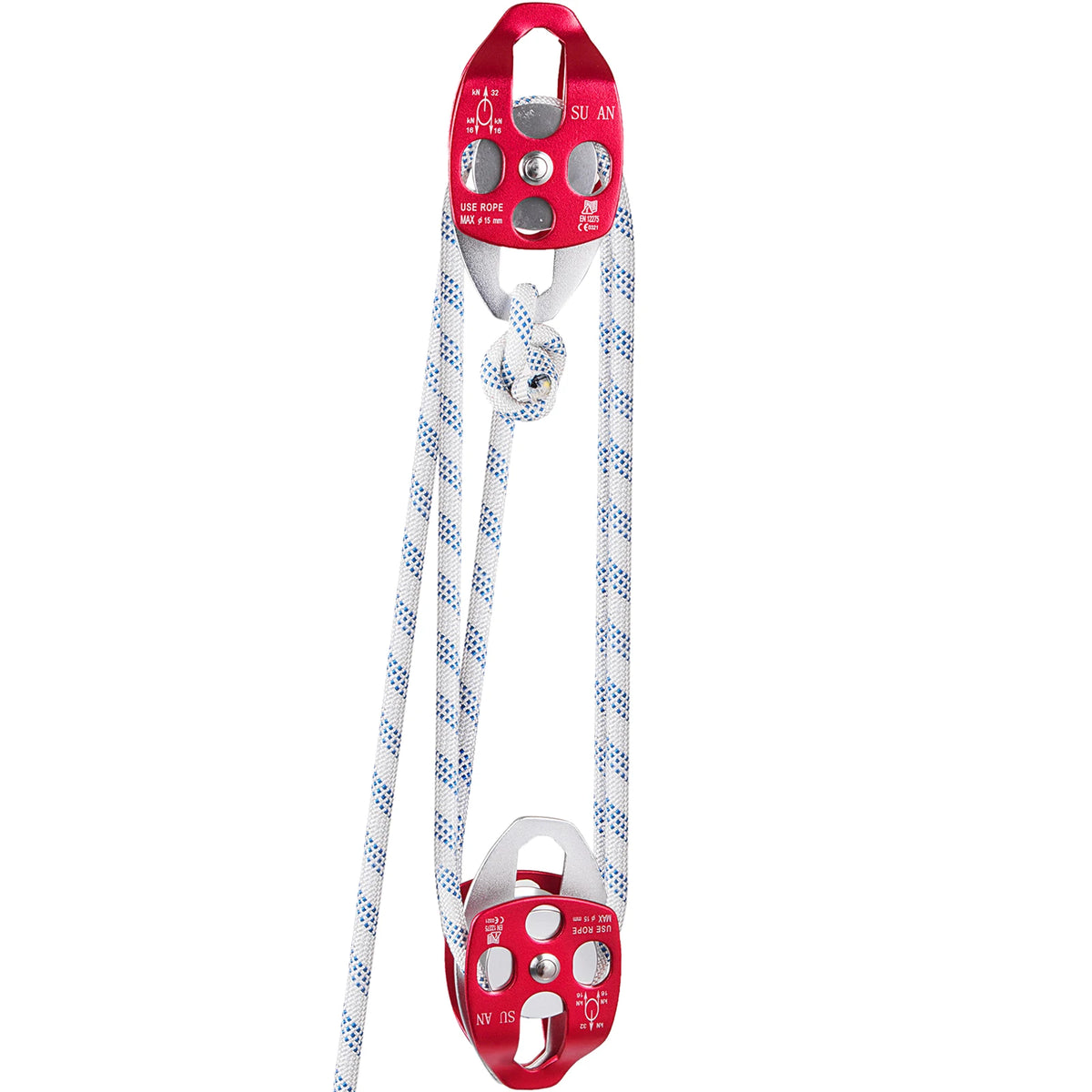 Red heavy-duty double pulley block and tackle system with a white rope.