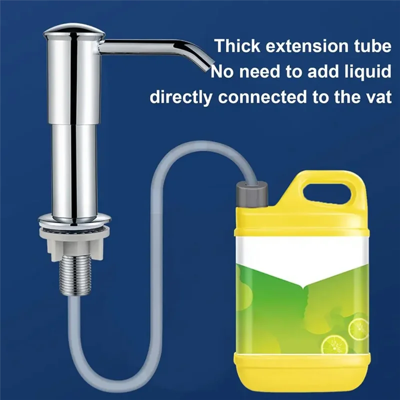 A chrome kitchen faucet with a thick extension tube connected to a yellow liquid dispenser bottle.