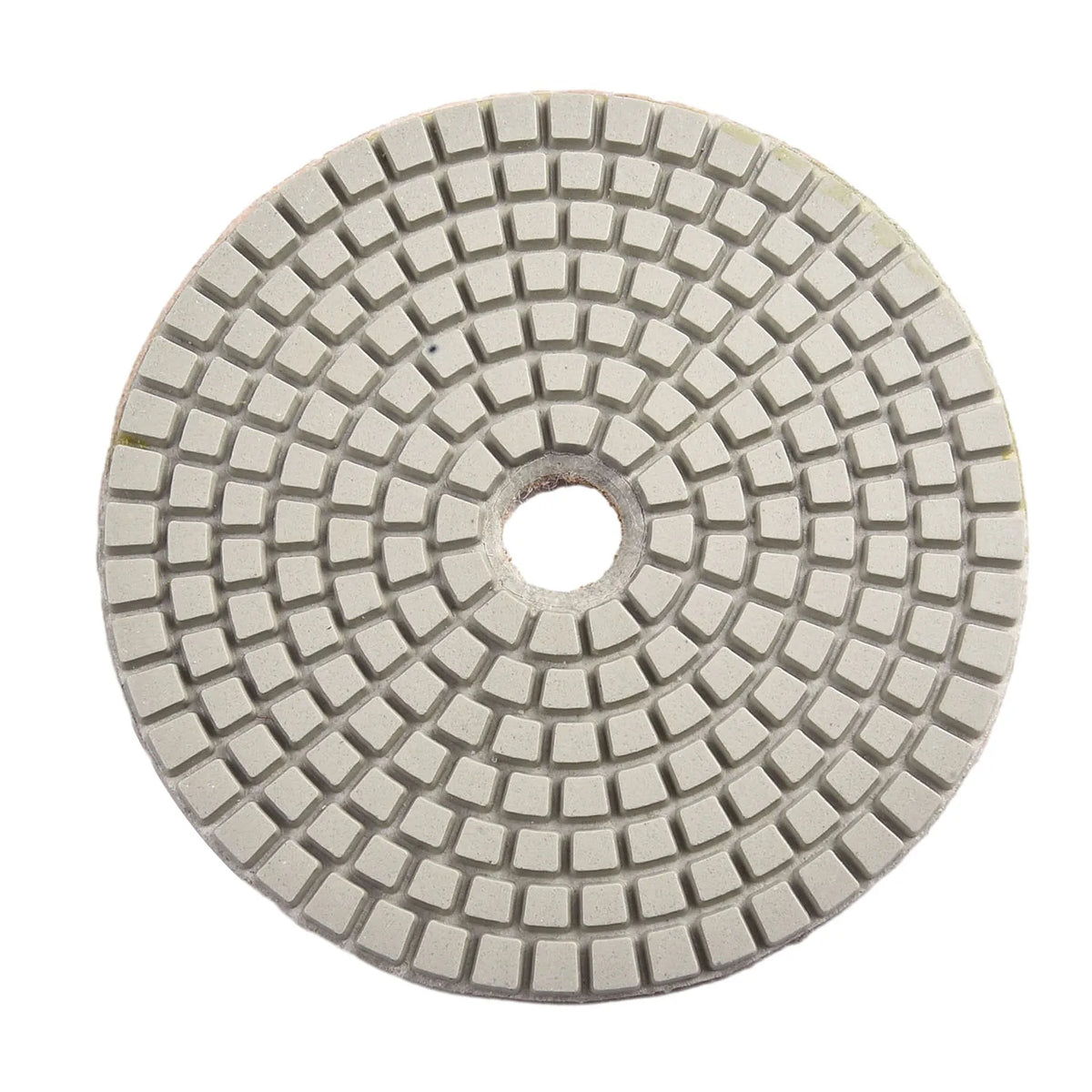A circular diamond polishing pad with a grid pattern and a central hole.