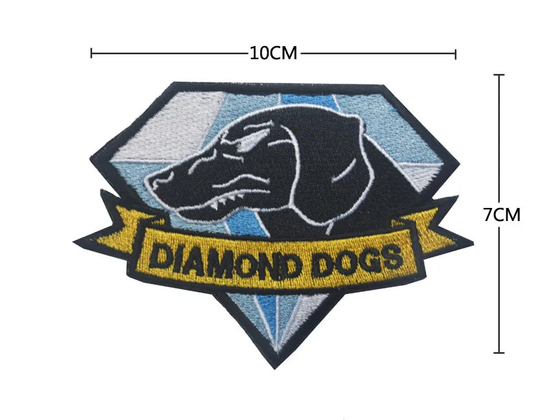 Embroidered patch featuring a black dog head within a shield shape with the text Diamond Dogs