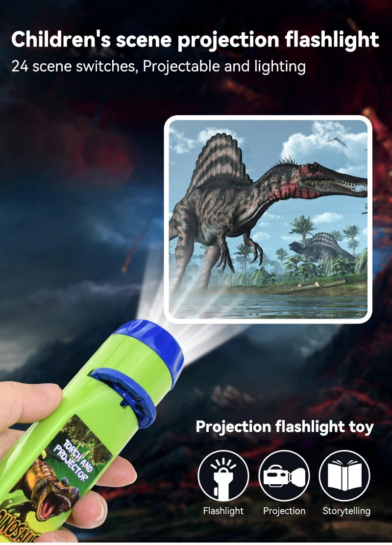 A hand holds a green projection flashlight toy showing a dinosaur silhouette and light beam.