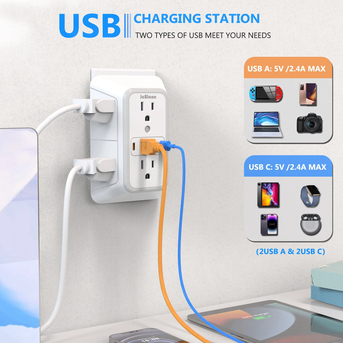 قاطع كهرباء عالمي متعدد الاستخدامات بـ 6 منافذ مع منافذ شحن USB