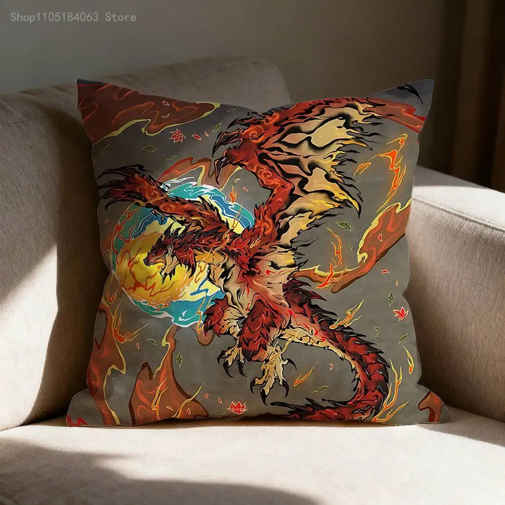 A decorative cushion cover featuring a vibrant, stylized illustration of the Monster Hunter Rathalos and Nargacuga in fiery c