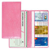 A pink leather document organizer with a clear plastic sleeve for storing registration and insurance cards.