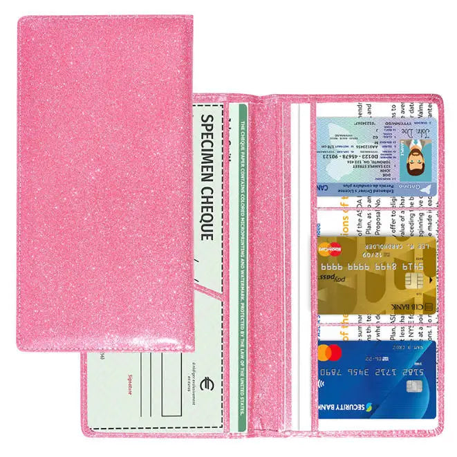 A pink leather document organizer with a clear plastic sleeve for storing registration and insurance cards.