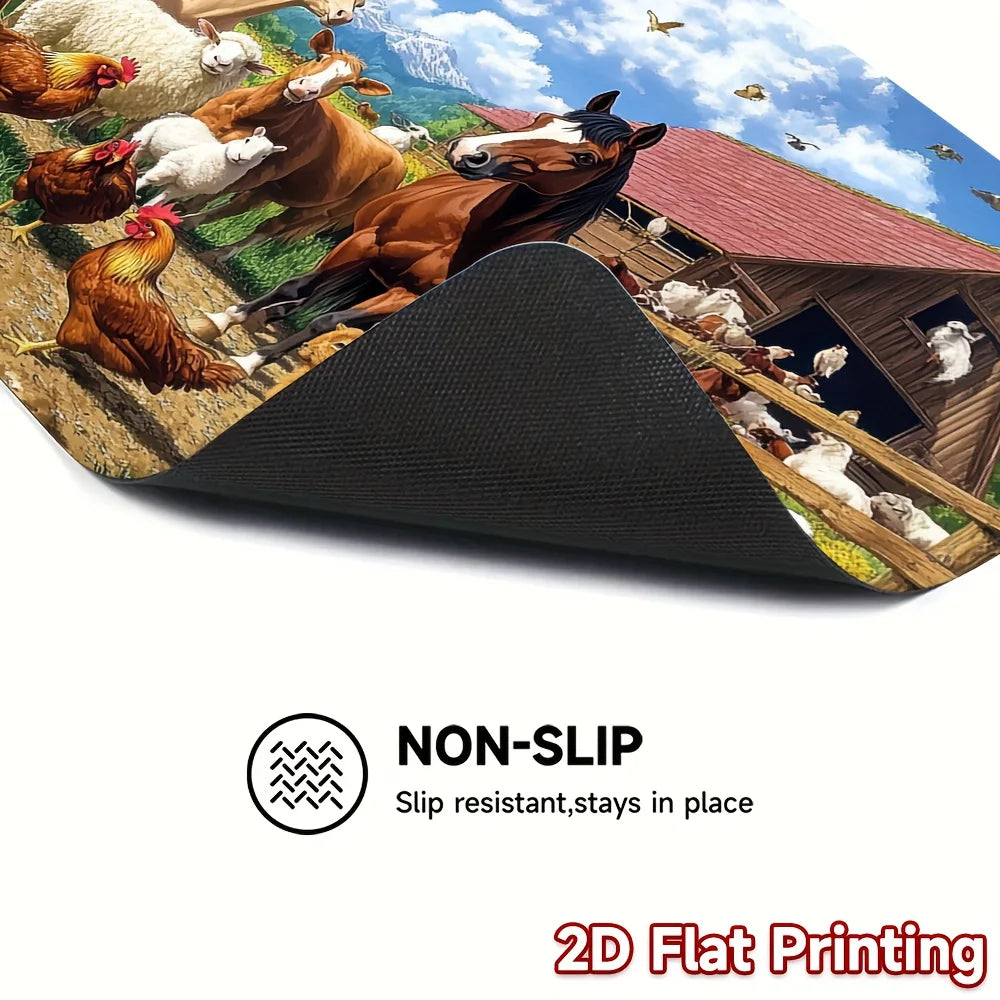 A black non-slip mat featuring a 2D flat printing design of farm animals like horses and chickens.