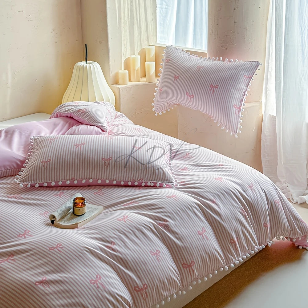 Cute Pink Bow Print Duvet Cover Set with Pillowcases