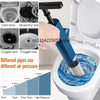 A hand uses a blue pneumatic drain unblocker with a stainless steel shaft to clear clogged pipes in a toilet, sink, or floor 