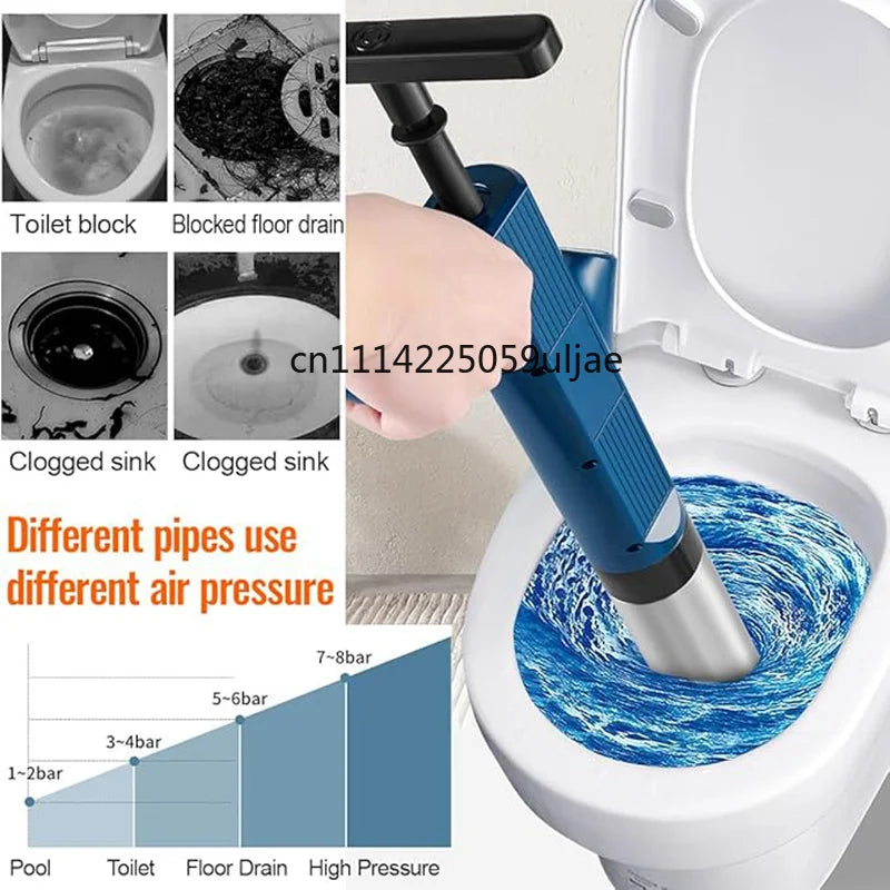 A hand uses a blue pneumatic drain unblocker with a stainless steel shaft to clear clogged pipes in a toilet, sink, or floor 