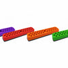 A row of four colored magnetic screwdriver bit holder racks in purple, red, orange, and green.