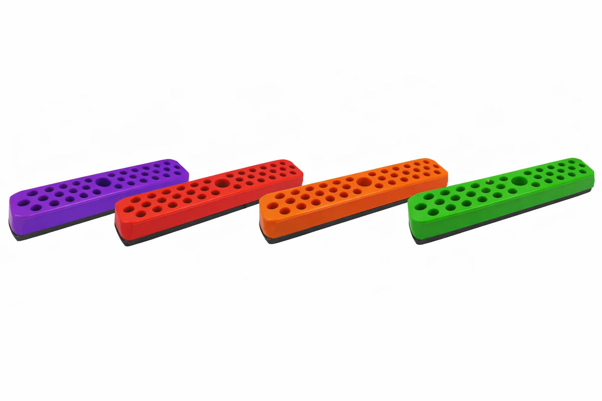 A row of four colored magnetic screwdriver bit holder racks in purple, red, orange, and green.