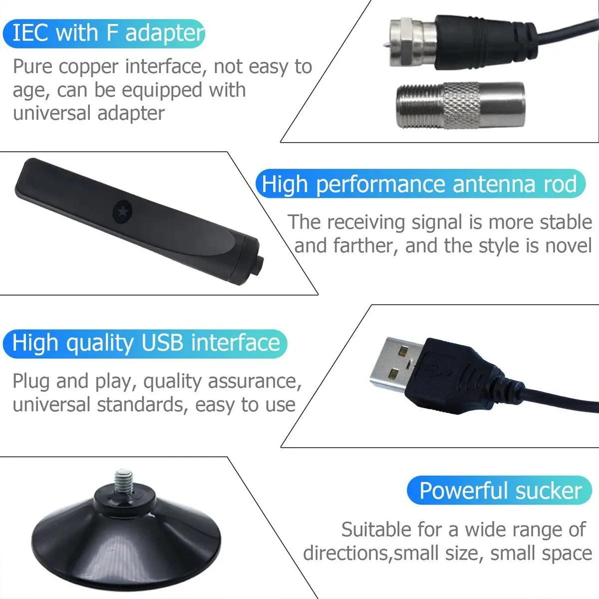A black HD digital TV antenna with a magnetic top and a powerful suction cup base.