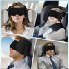 Three people wearing a black sleep mask and neck pillow with adjustable head support in various contexts.