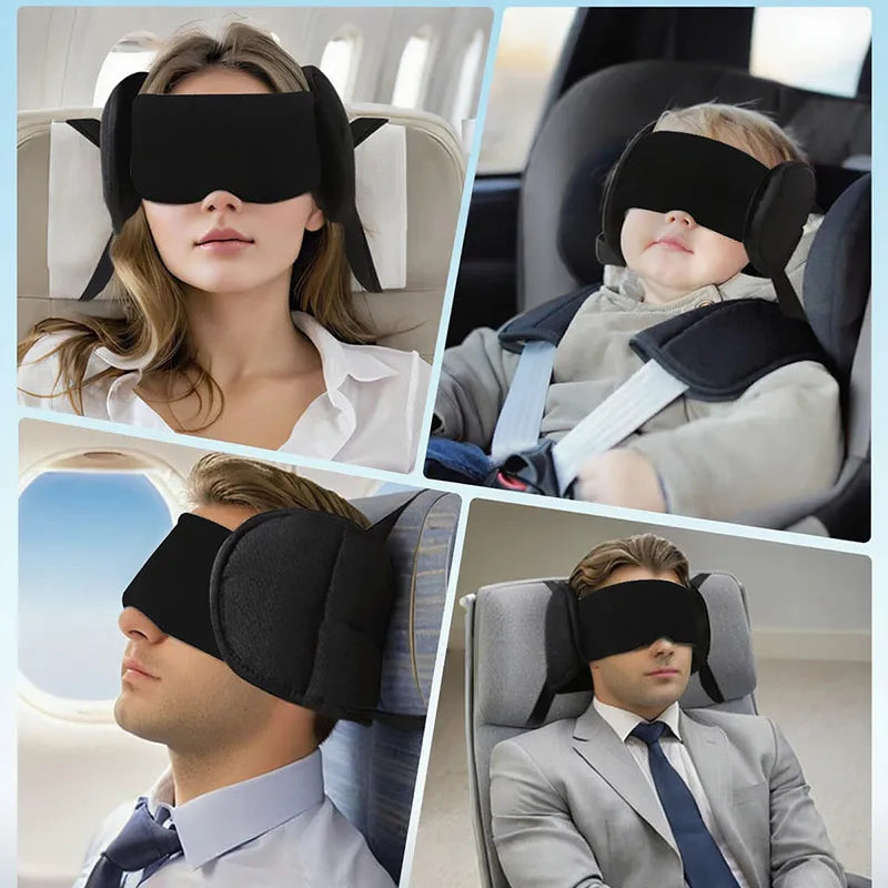 Three people wearing a black sleep mask and neck pillow with adjustable head support in various contexts.