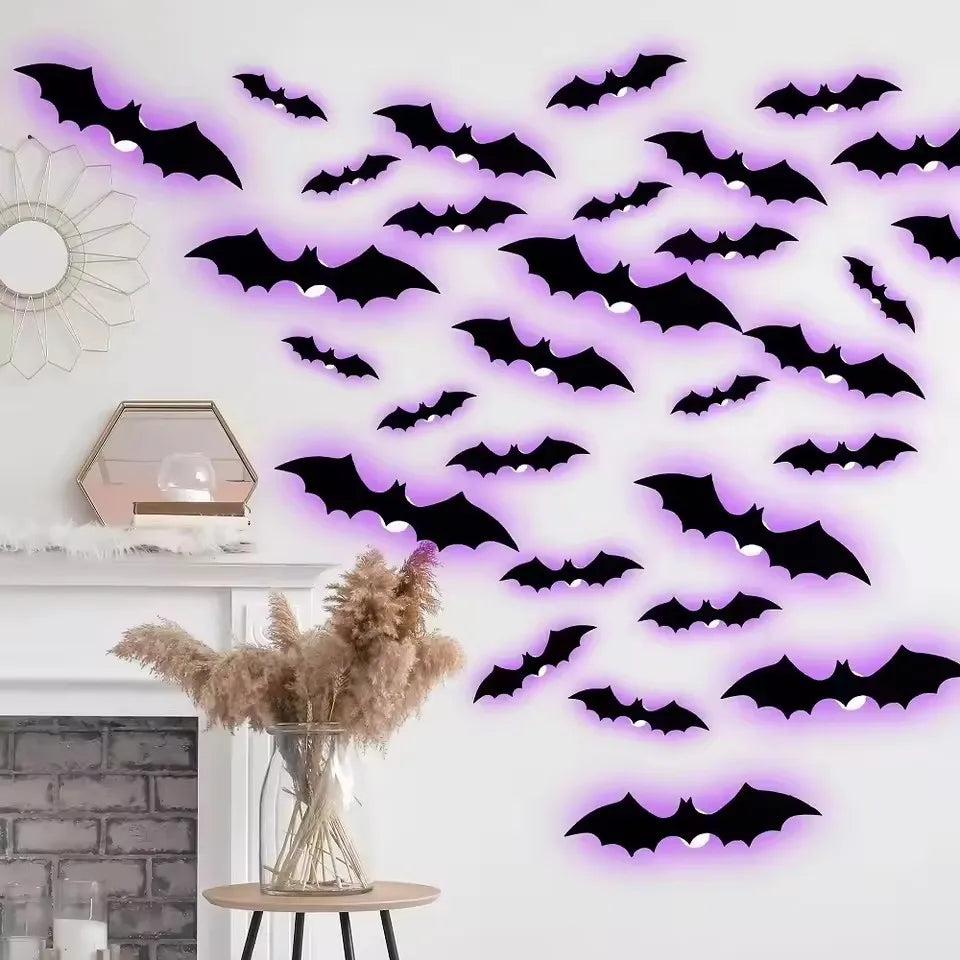 A wall decal featuring a swarm of black bat silhouettes with purple LED glow on a white wall.