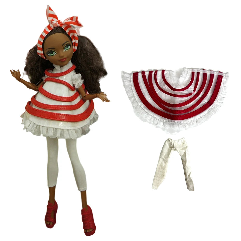 A fashion doll dress outfit featuring red and white stripes, a ruffled skirt, and a striped headband.