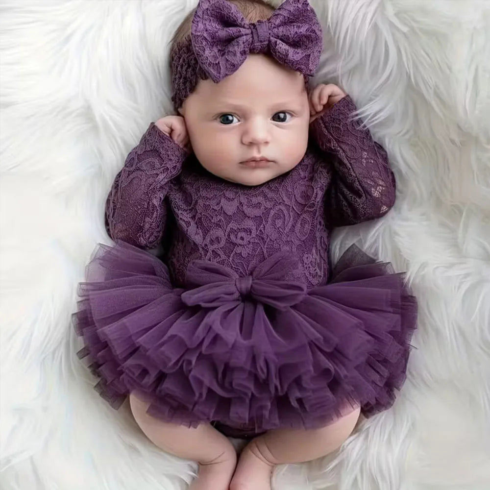 Newborn Knitted Lace Bodysuit Set with Puff Sleeves and Headband