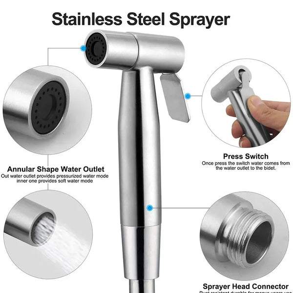 Stainless steel sprayer with an annular shape water outlet and a press switch for a bidet.