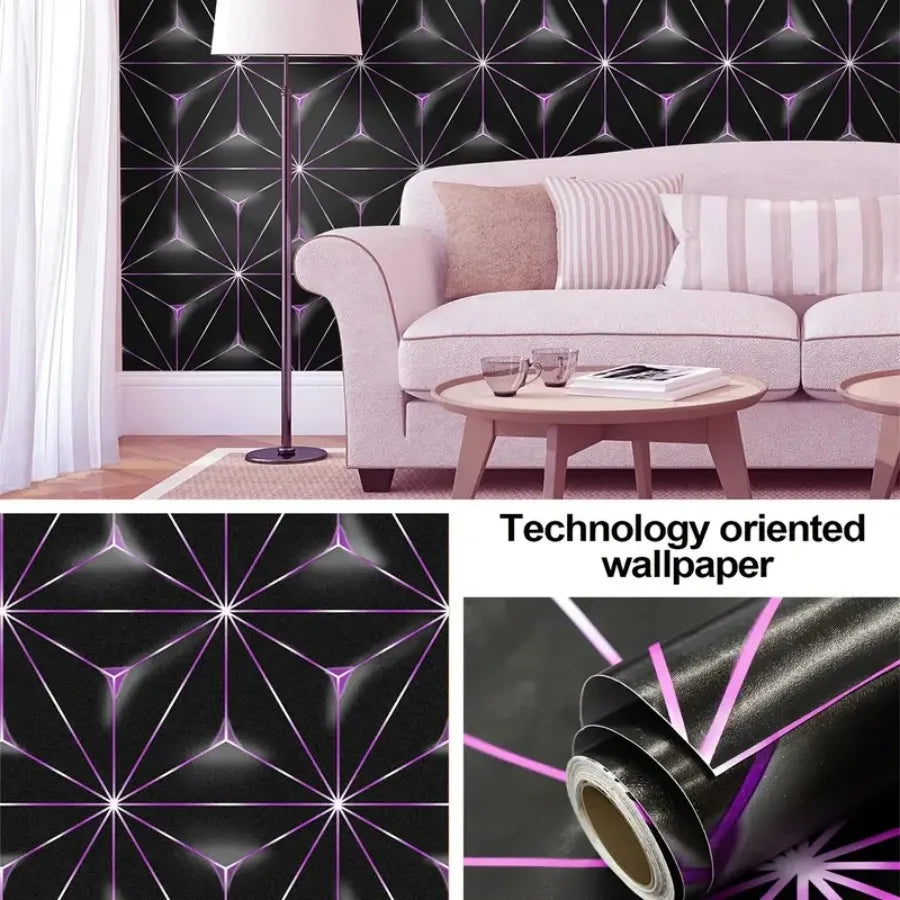 A pink sofa in a modern interior featuring a geometric purple and black wallpaper pattern.