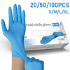 A hand wearing a blue nitrile glove is shown next to a box of disposable gloves labeled 20/50/100 pieces in sizes S/M/L/XL.