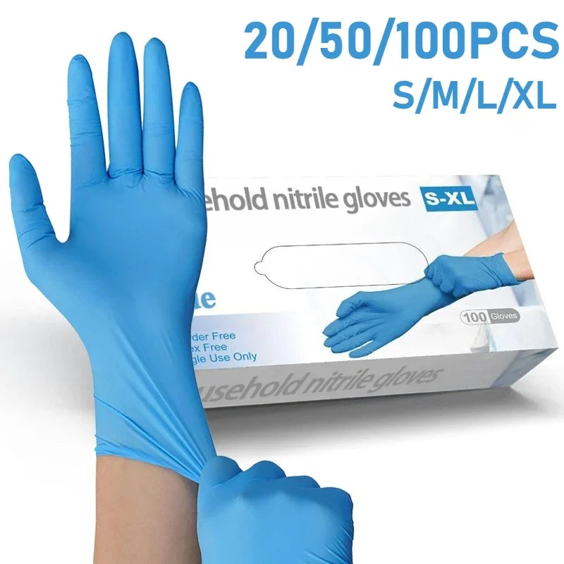 A hand wearing a blue nitrile glove is shown next to a box of disposable gloves labeled 20/50/100 pieces in sizes S/M/L/XL.