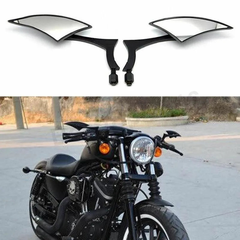 A set of black universal motorcycle side mirrors mounted on a bike.