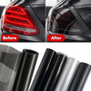 Before and after comparison of smoke black tint film applied to a car's taillight.