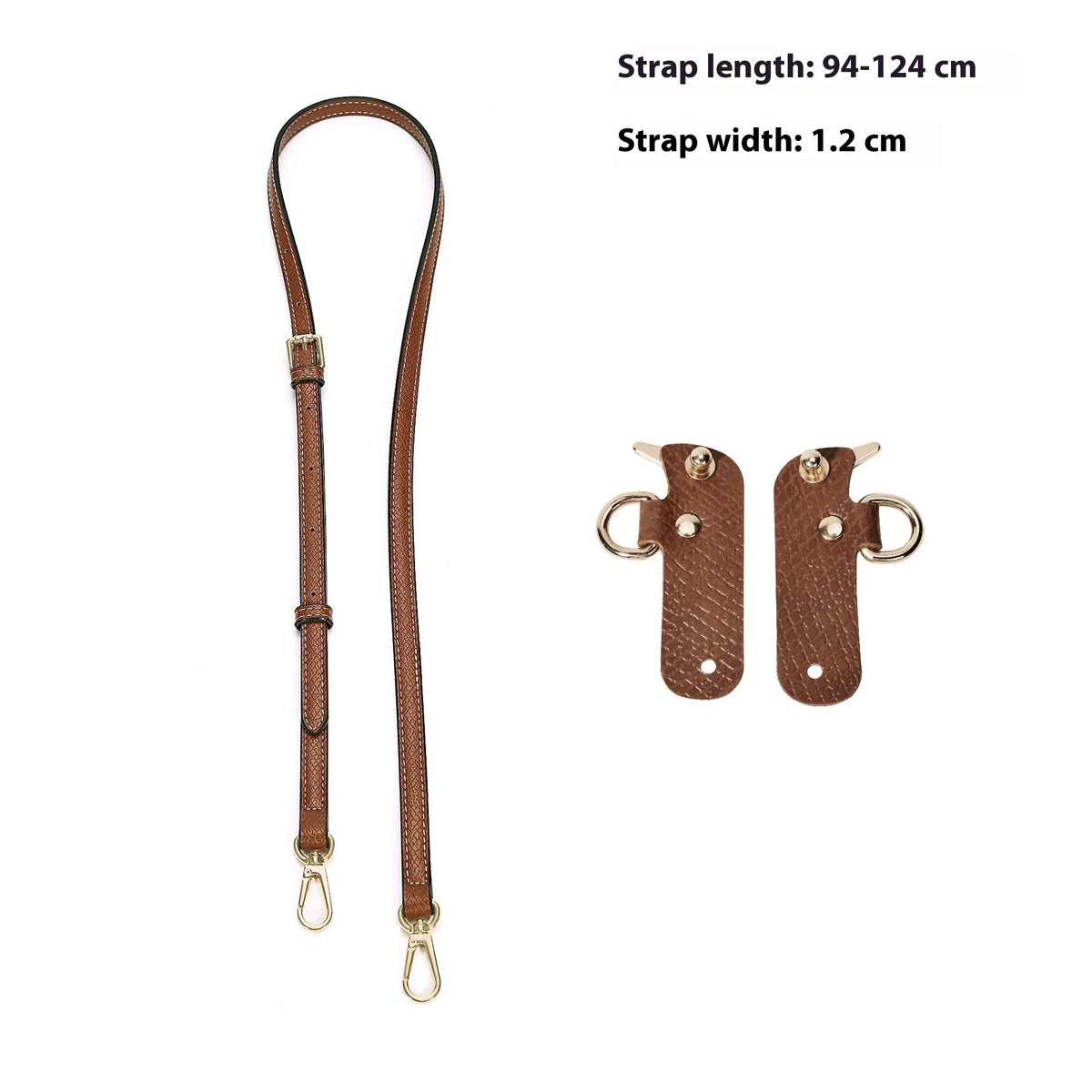 A set of brown leather mini bag straps with alloy buckles, showing the length and width specifications.