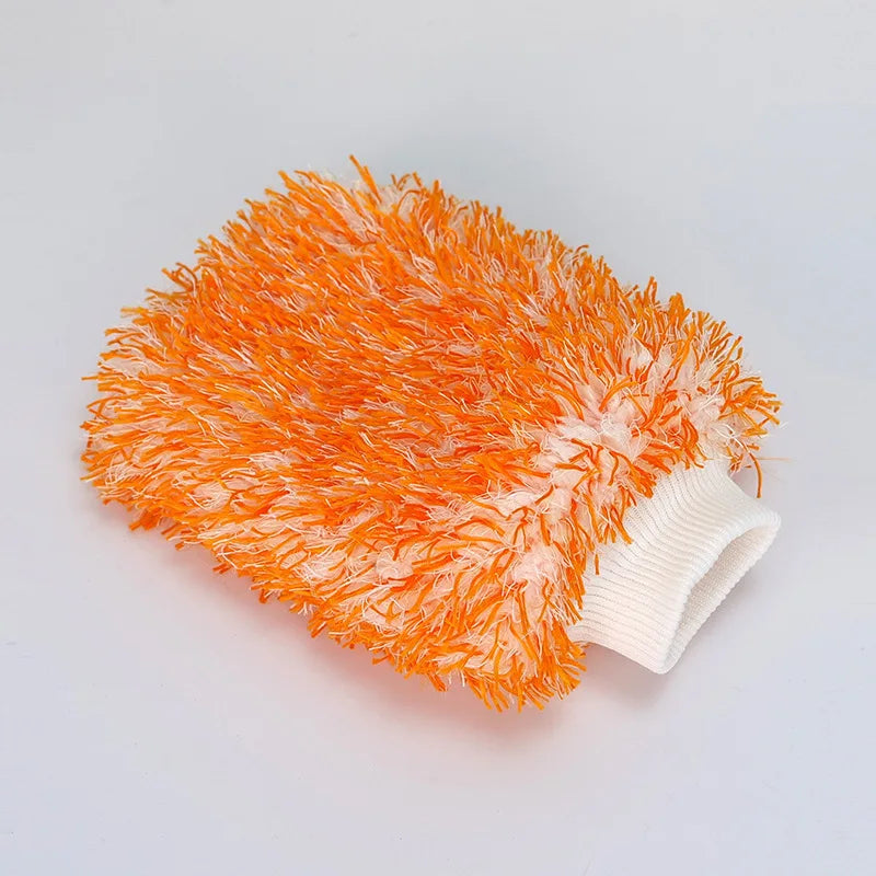 Orange microfiber car wash mitt with a white foam grip for detailing