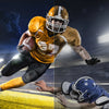 Split image showing a football player in orange and gold uniform jumping, with options for HDR and no HDR.