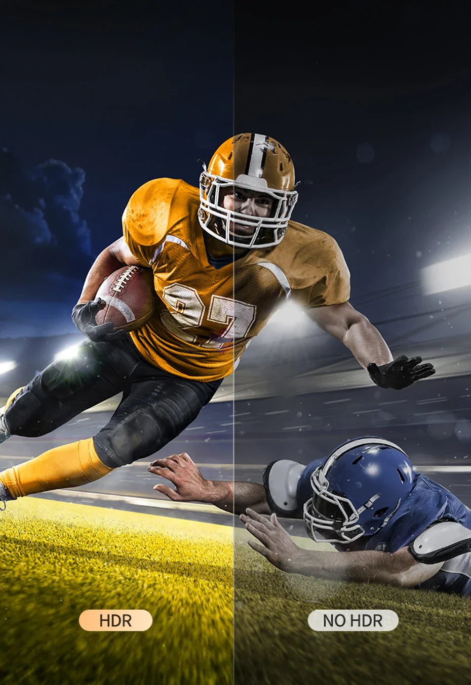 Split image showing a football player in orange and gold uniform jumping, with options for HDR and no HDR.