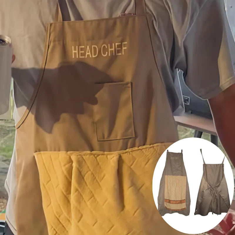 A tan chef apron with a hidden pocket and quilted yellow fabric detail is shown on a person's torso.