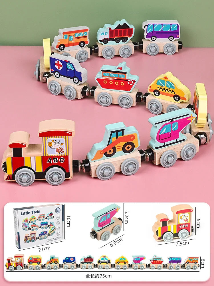 Montessori Magnetic Wooden Train Set with Animal & Vehicle Carriages